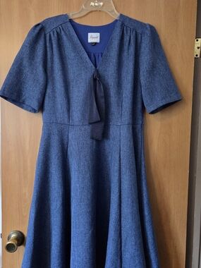 BANNED RETRO Bayard Blue Tie-Neck Midi Dress Size L Retro Vintage Neck Tie